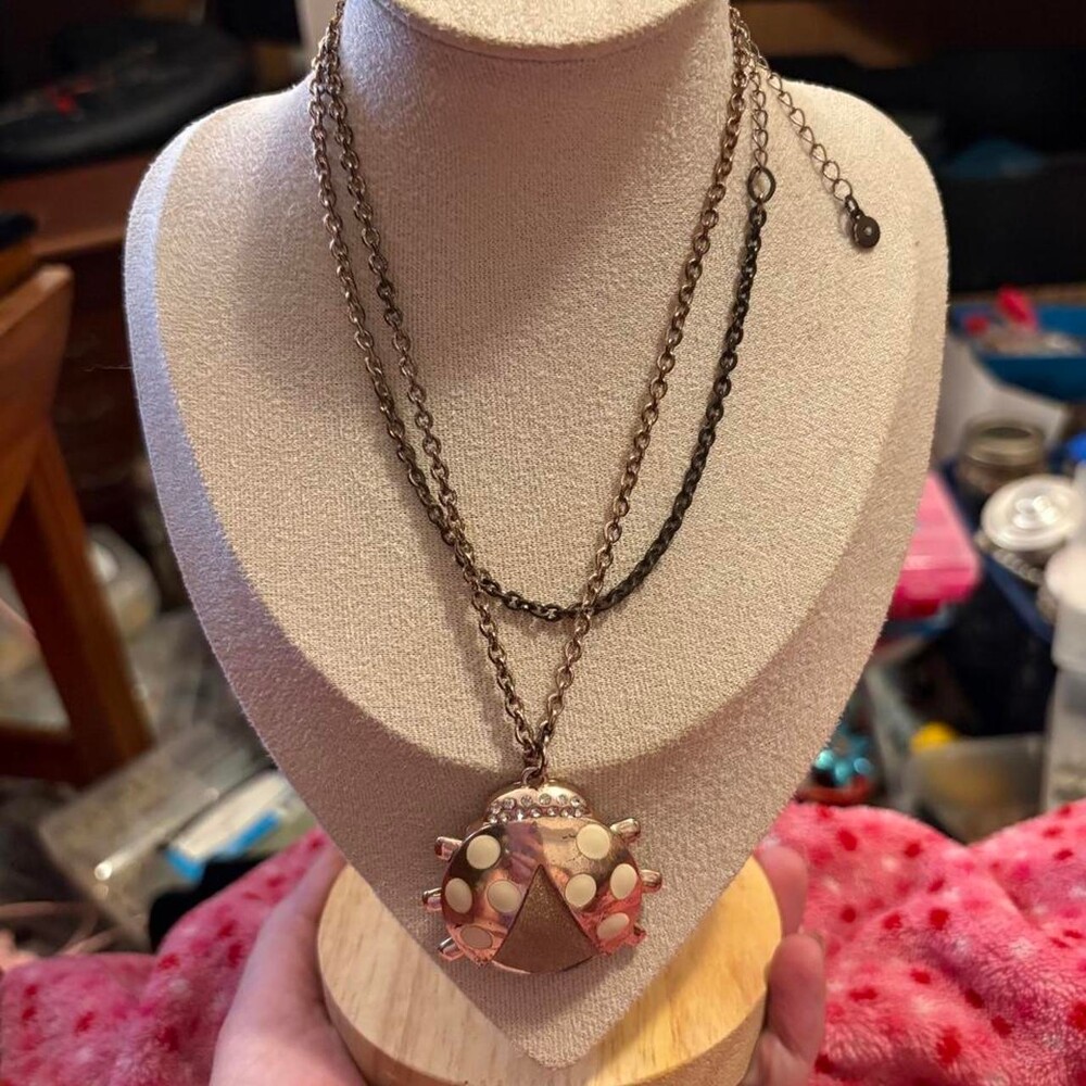 Multi-colored rose gold toned ladybug pendant necklace with pink and white polka